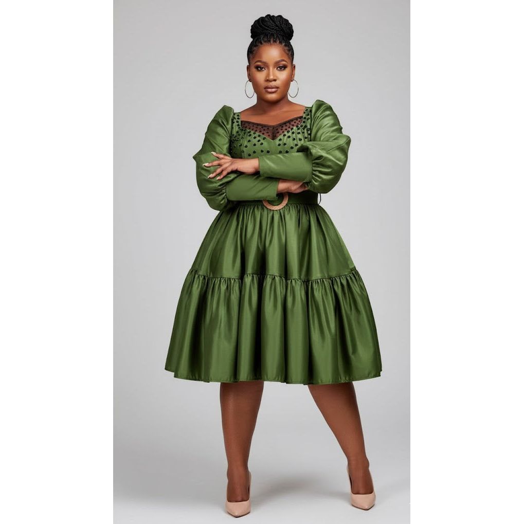 Puffy Sleeves Stylish Belted Fit and Flare Dress