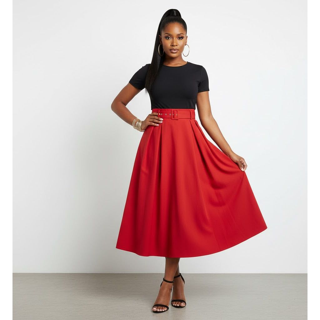 High Waisted Satin Belted Umbrella Skirt