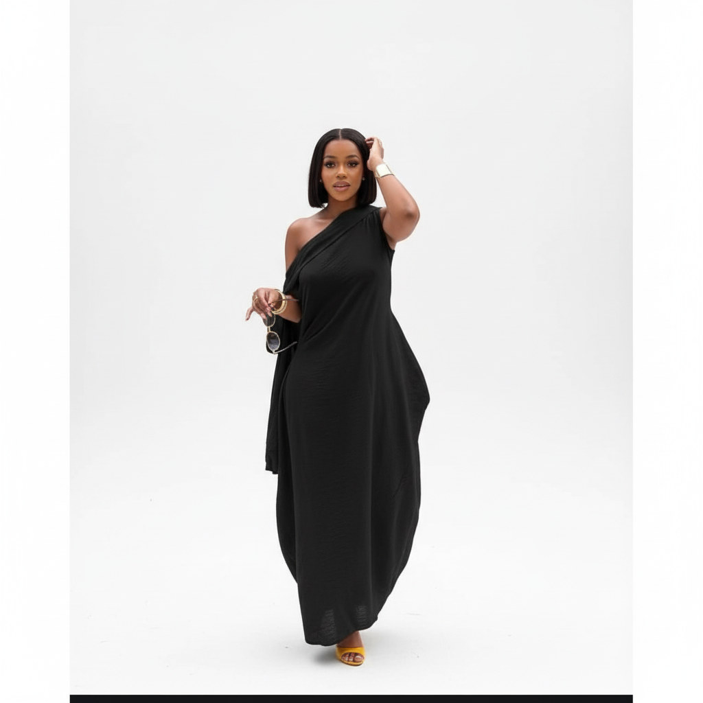 Sloping Collar Chiffon Overlay Party Elegant Asymmetric Sleeve Dress