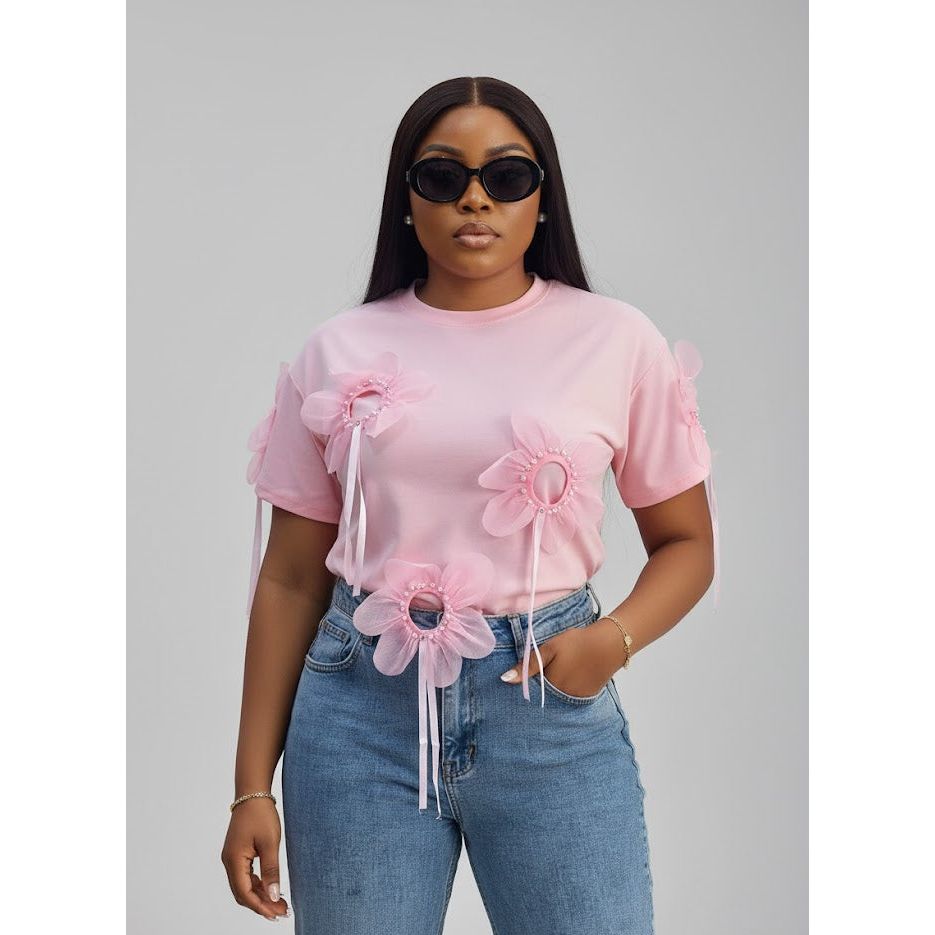 Chic Oversized Top with 3D Flower Details