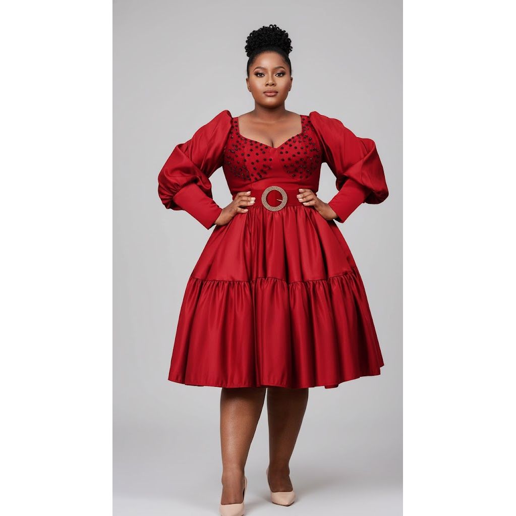 Puffy Sleeves Stylish Belted Fit and Flare Dress