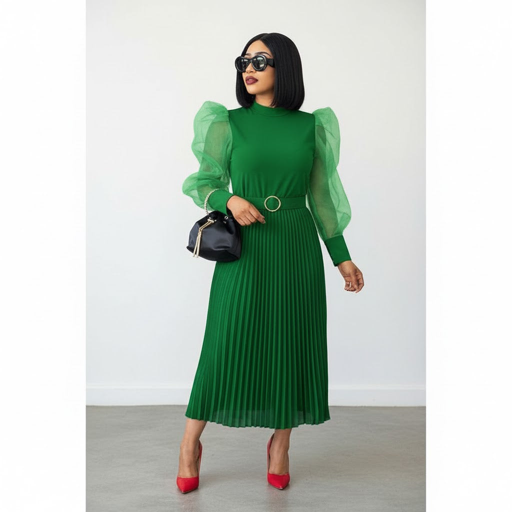 Long Mesh Sleeve Pleated Dress