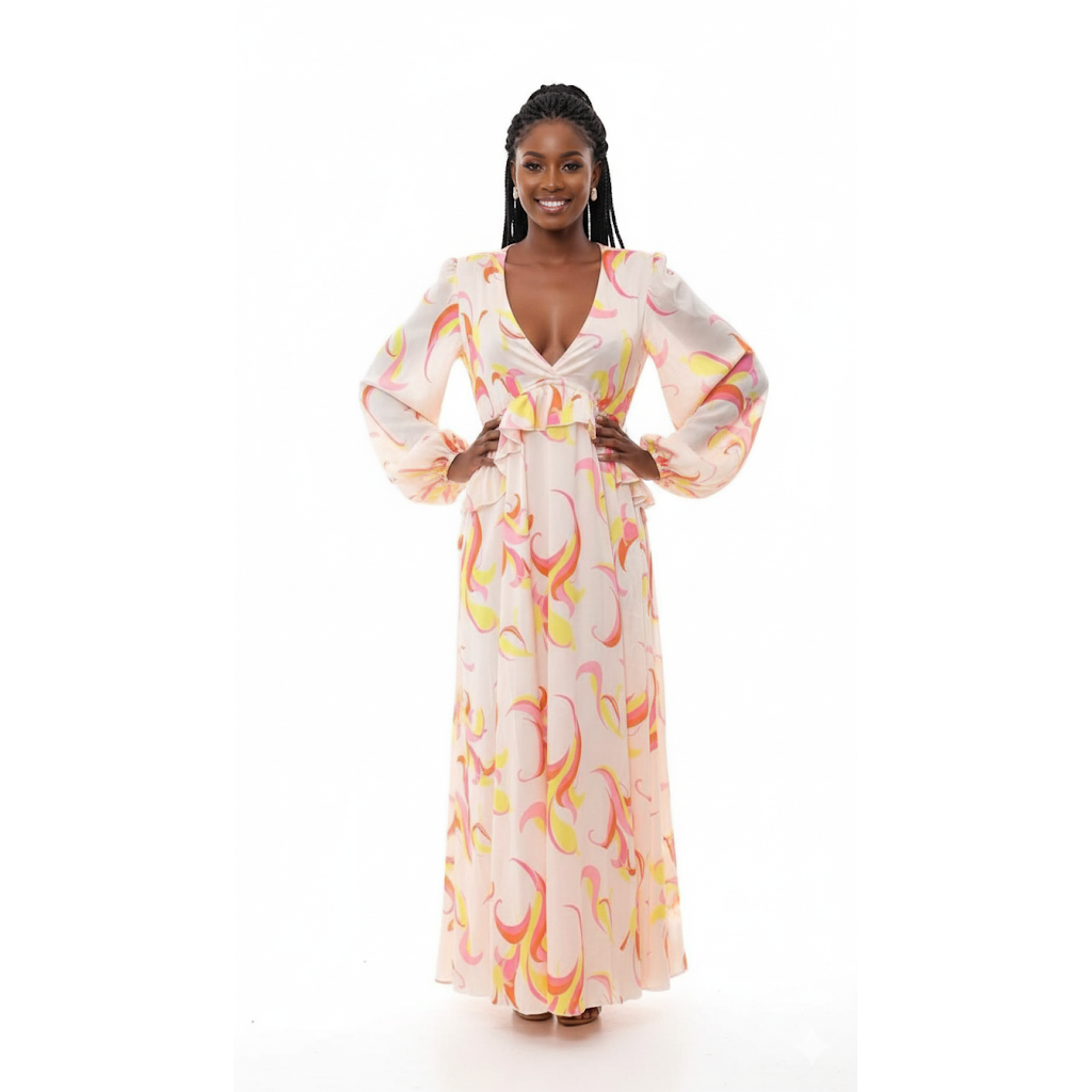 Retro Swirl Print Frill Midi Dress