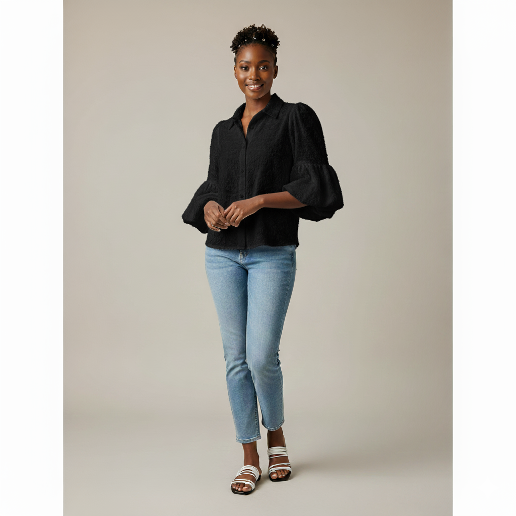 Plain Color Puff Sleeve Cropped Shirt