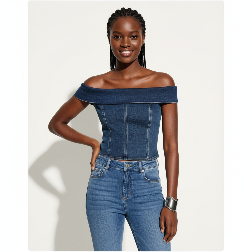 Denim Off-Shoulder Bustier Top.