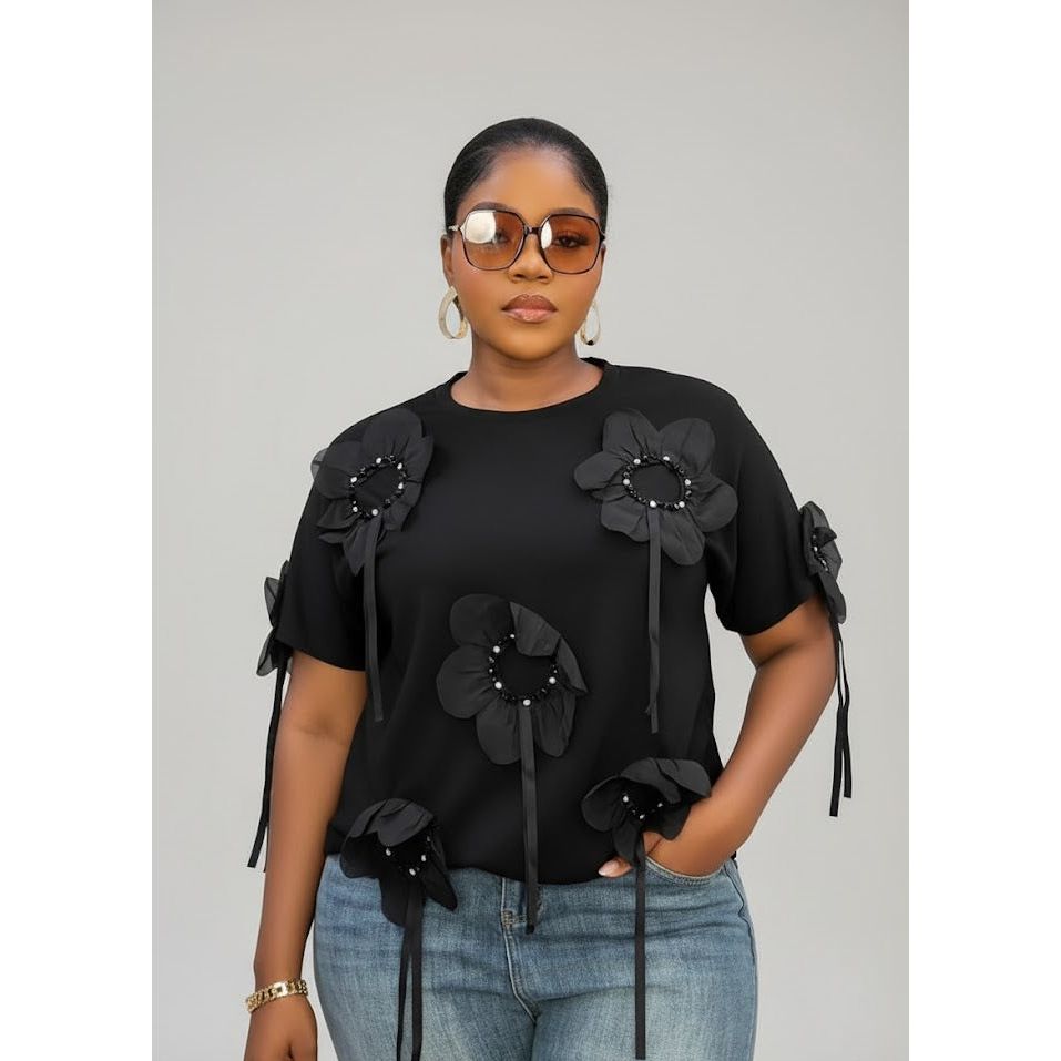 Chic Oversized Top with 3D Flower Details