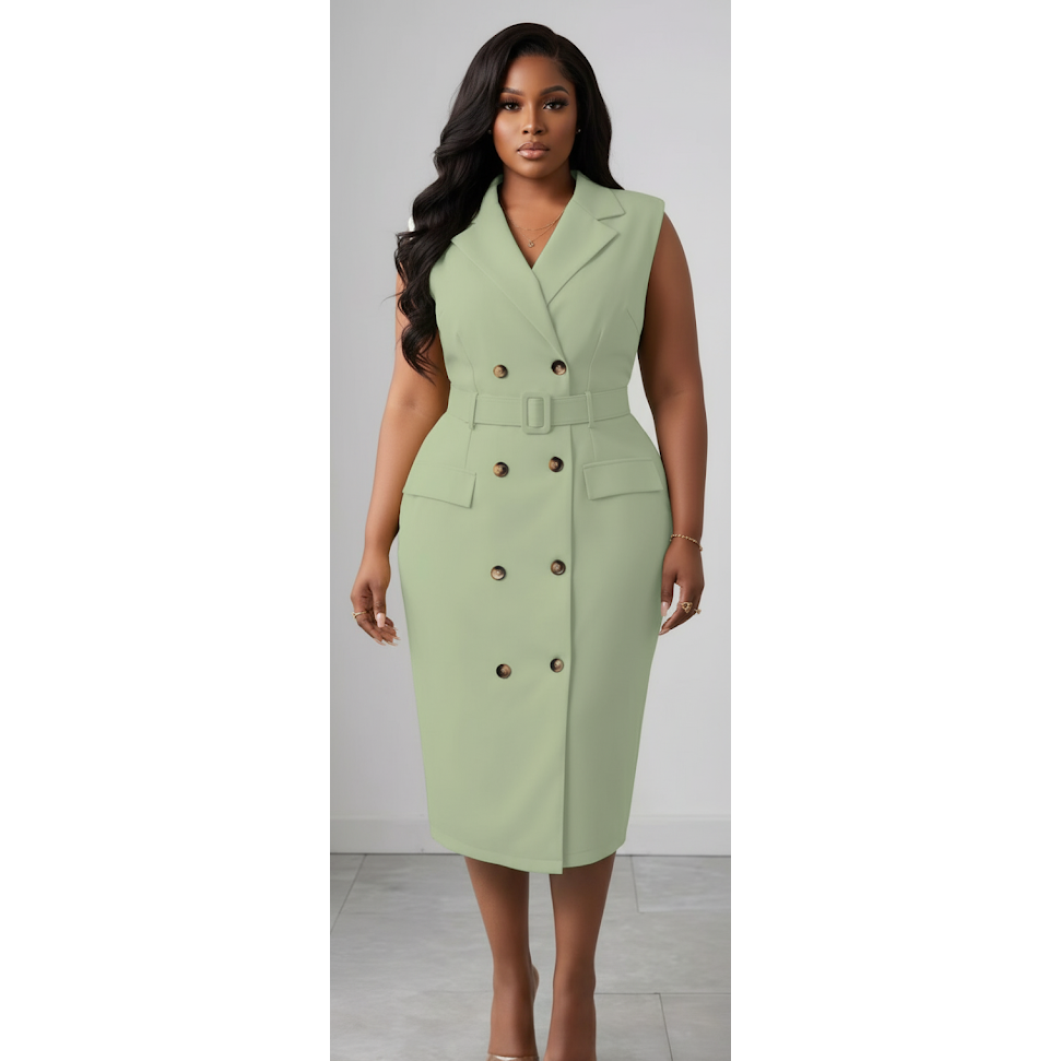 Plus Size Elegant Notch Collar Double-Breasted Belt Sleeveless Midi Dress