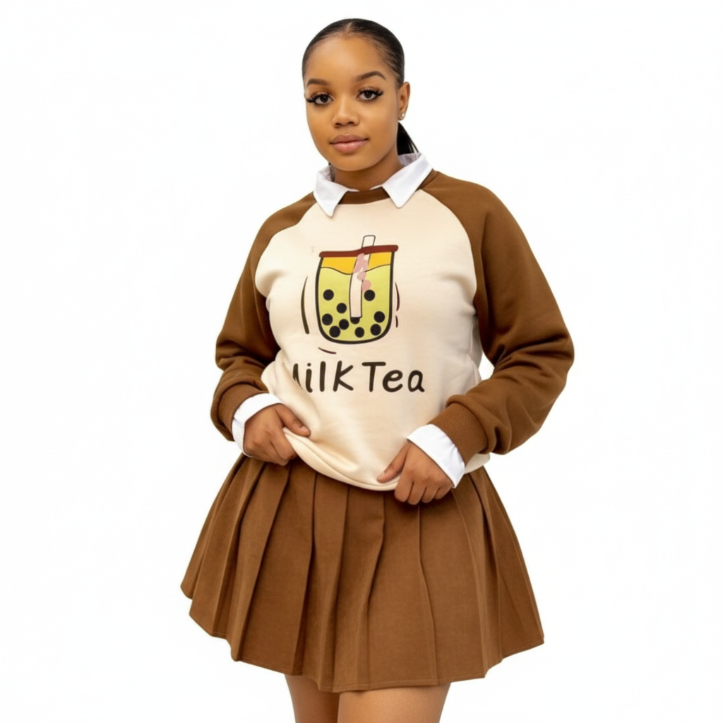 3-Piece Set a Long-Sleeve Sweatshirt And Pleated Mini Skirt
