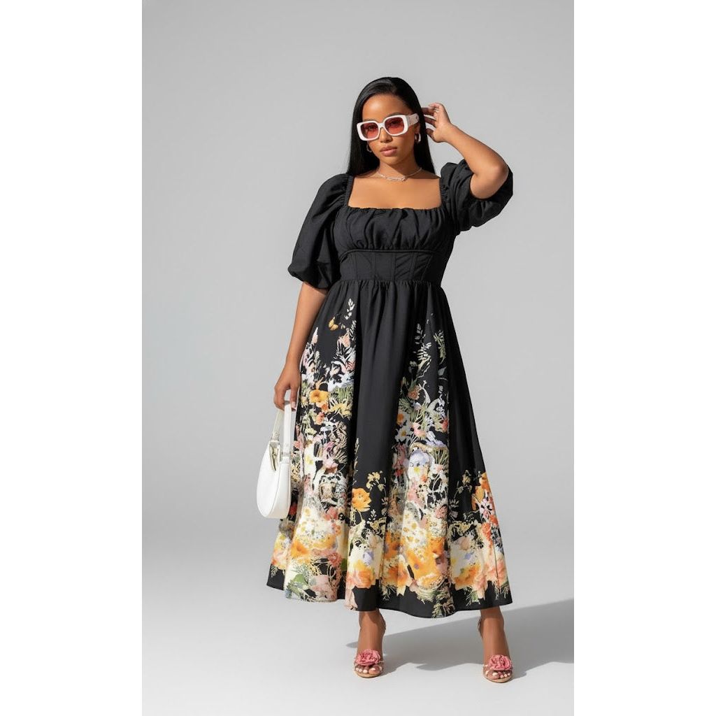 Floral Puff Sleeve Midi Dress with Square Neck
