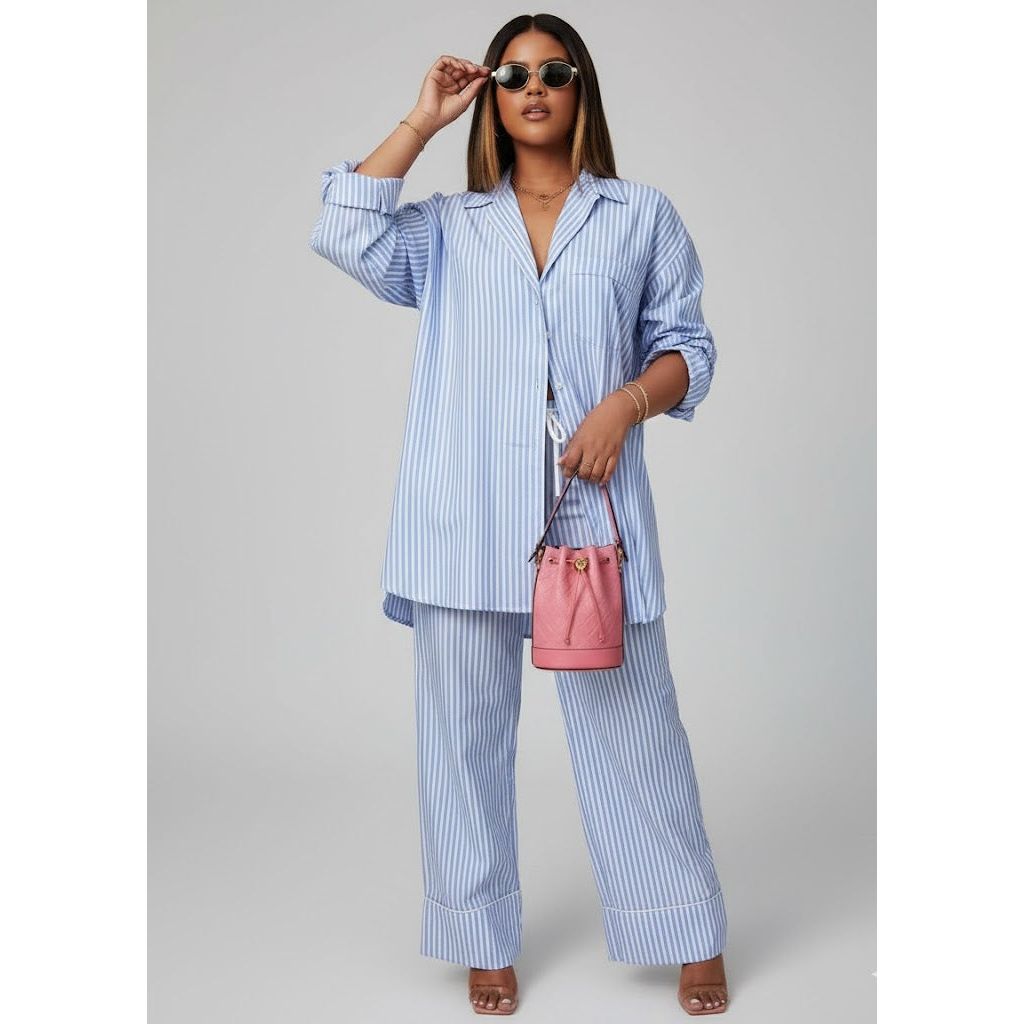 Striped Oversized Shirt & Pants Casual Lounge Set
