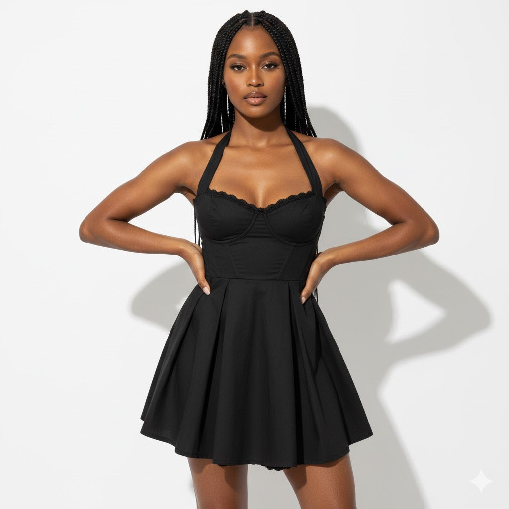 Sleeveless Sweetheart Halter Neck A-line Mini Dress.