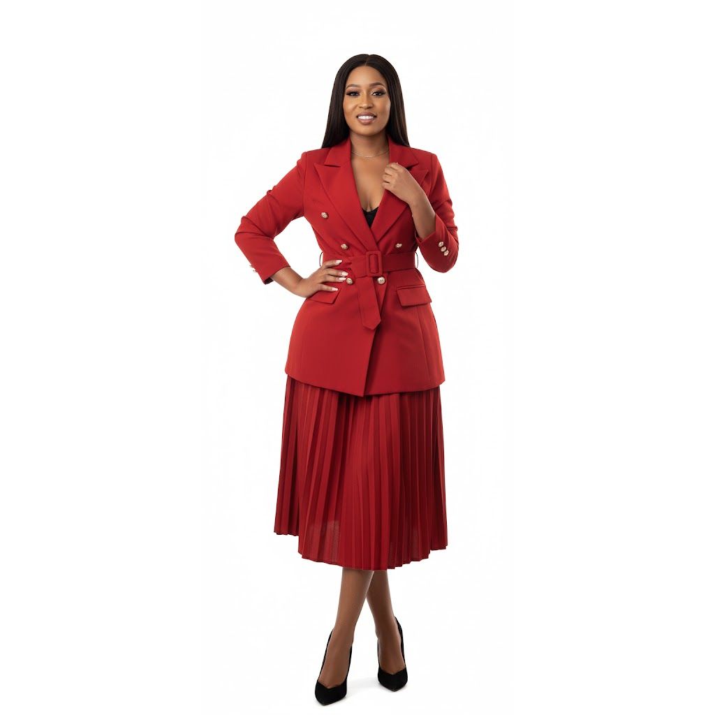 Plus Lapel Neck Blazer & Pleated Skirt 2 Piece Set