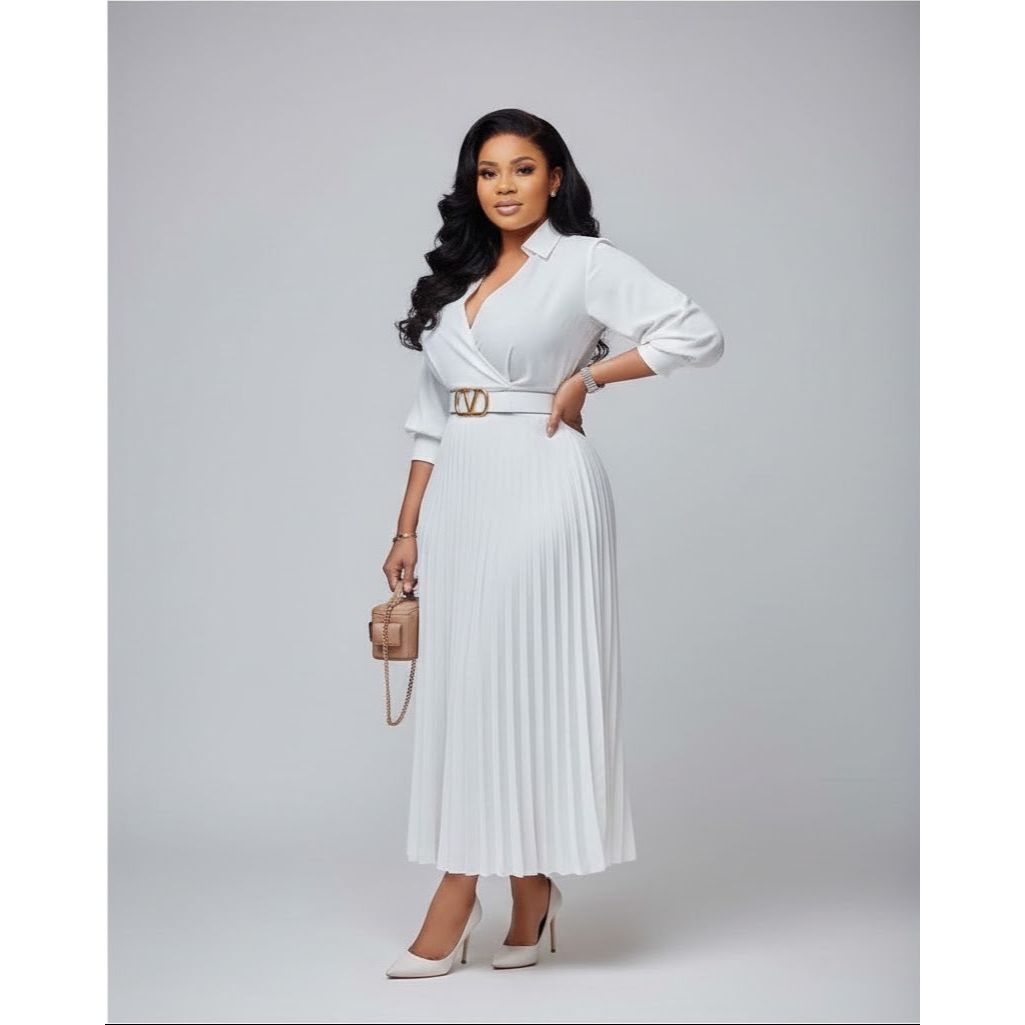 Elegant Lantern Sleeve Pleated Dress.