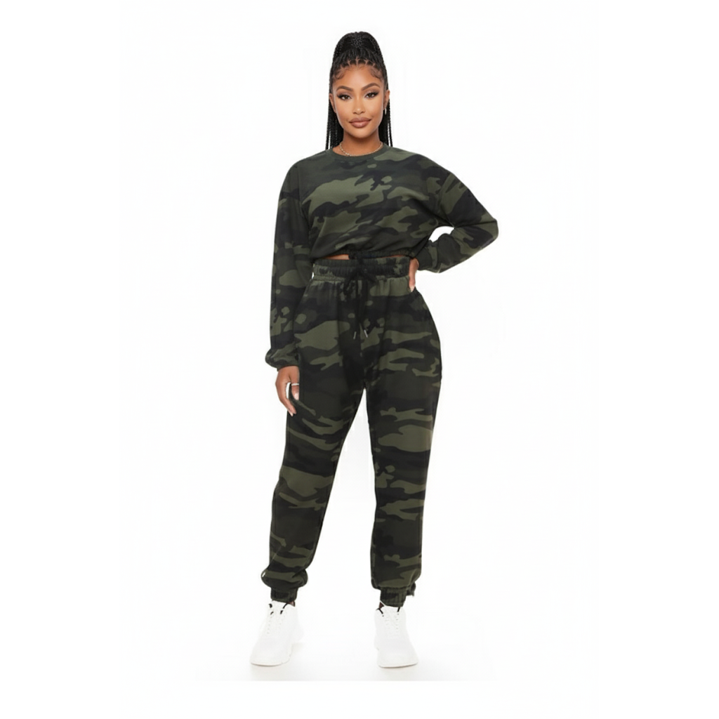 Camouflage Long Sleeve Jumpsuit With Elastic Waist And Insert Pockets
