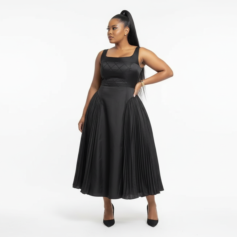Classic Square Neck Pleated Midi Dress