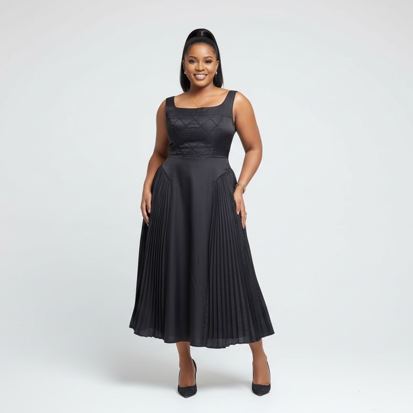 Classic Square Neck Pleated Midi Dress