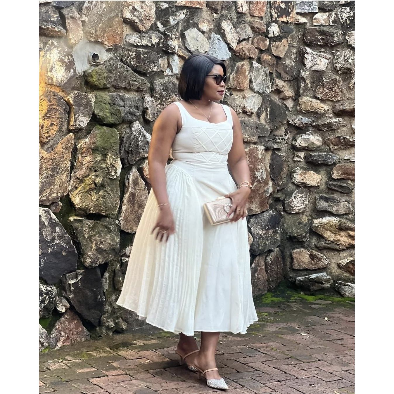 Classic Square Neck Pleated Midi Dress