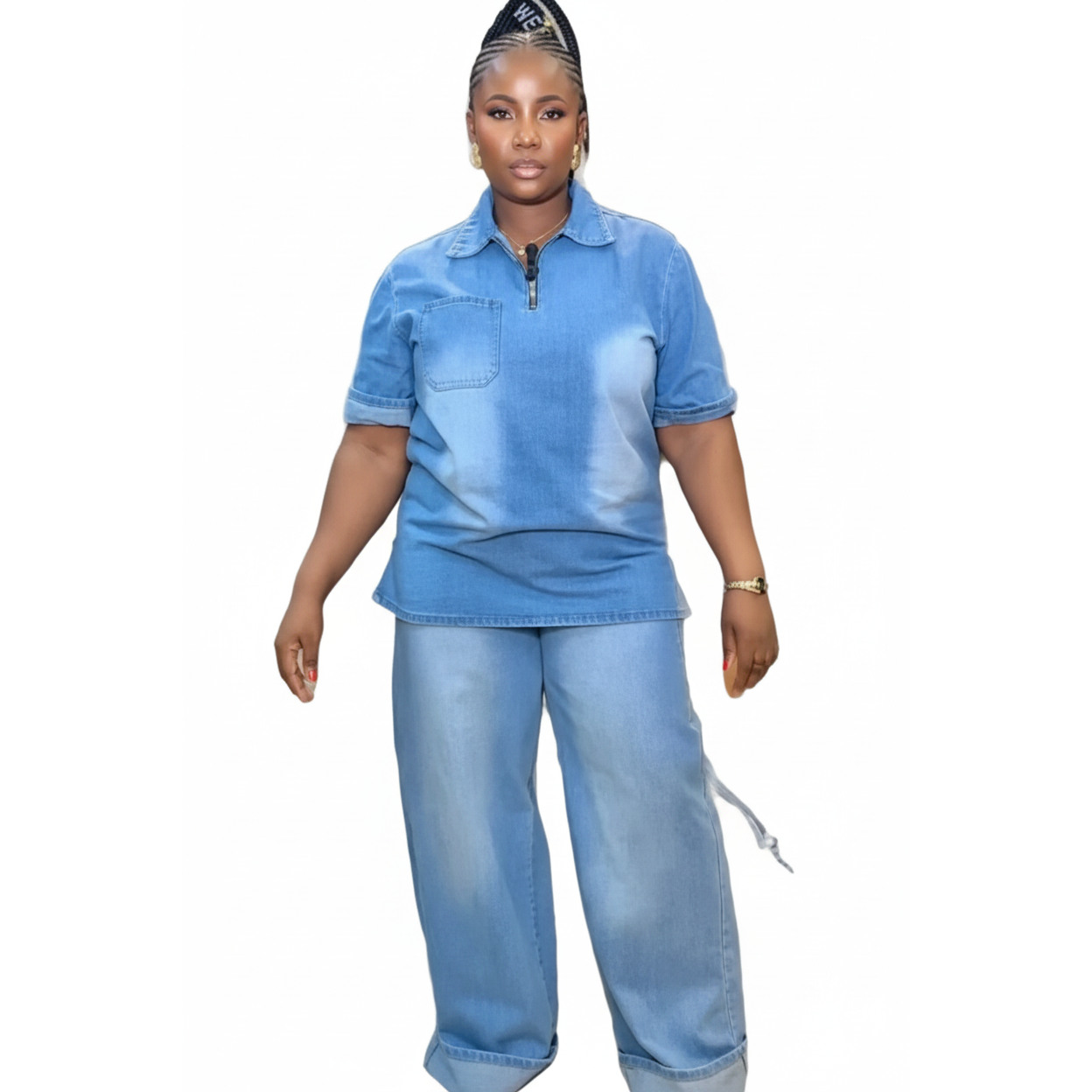 Wide Boot Leg High Waist  2 Piece Denim Set.