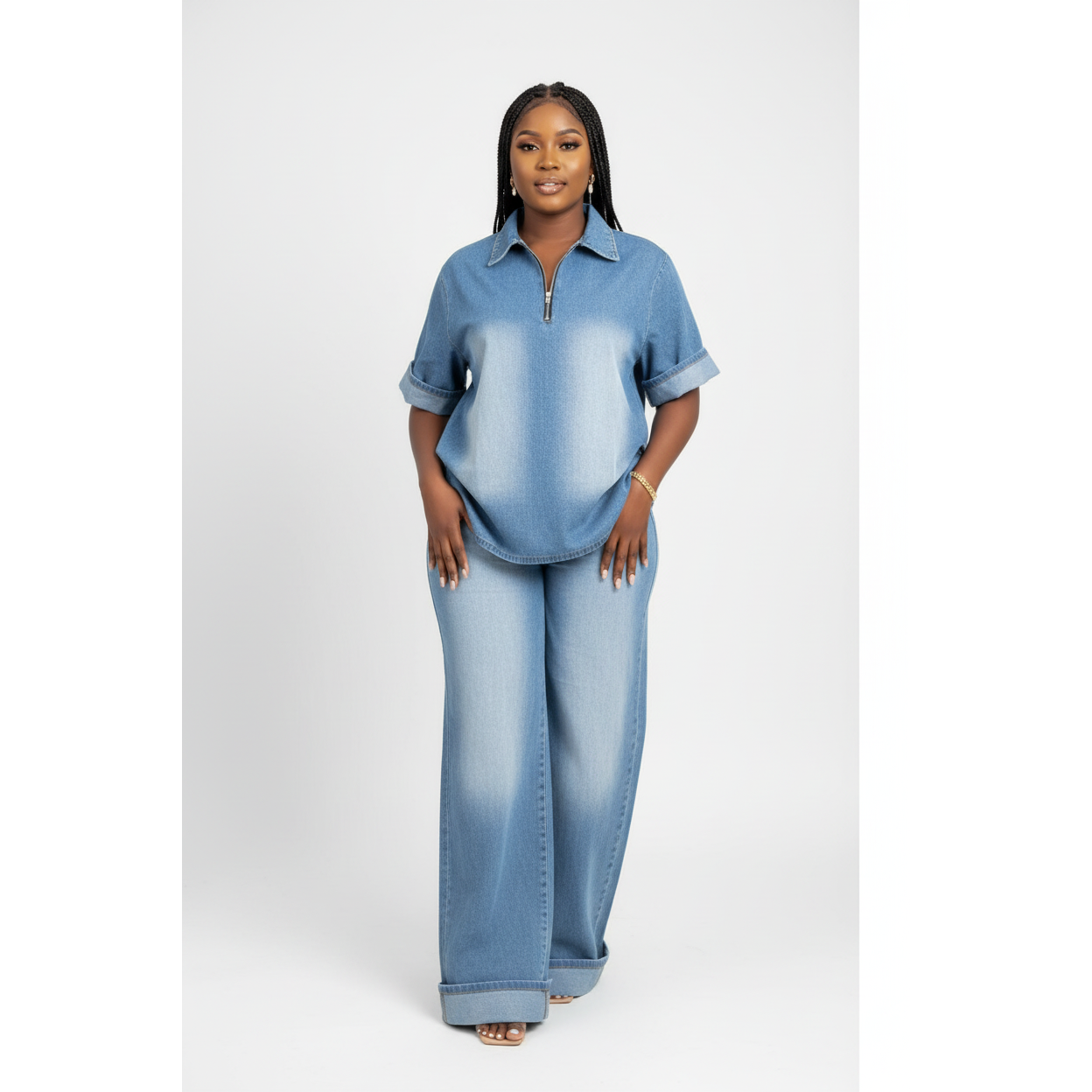 Wide Boot Leg High Waist  2 Piece Denim Set.