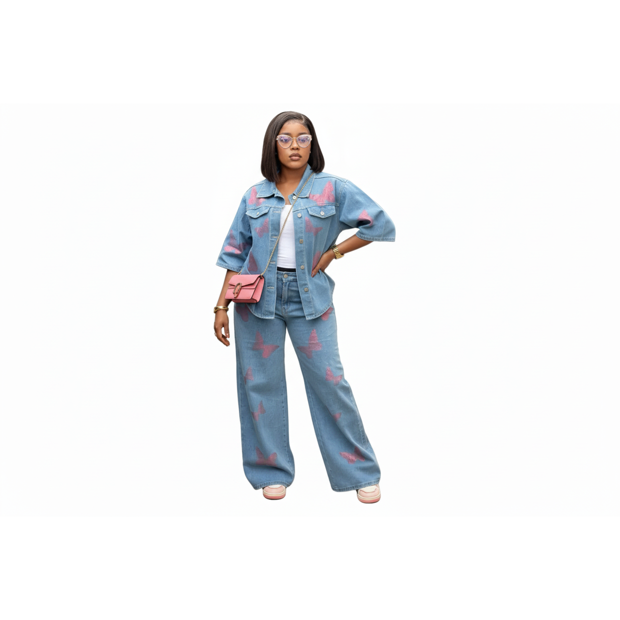 Light Wash High Waist Butterfly Embroidered 2 Piece Jeans.