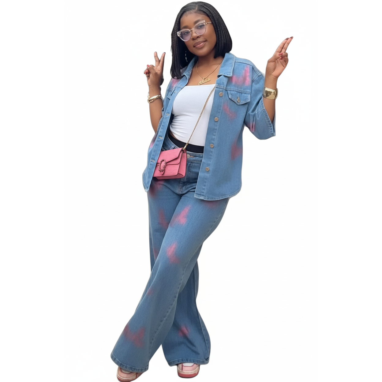 Light Wash High Waist Butterfly Embroidered 2 Piece Jeans.