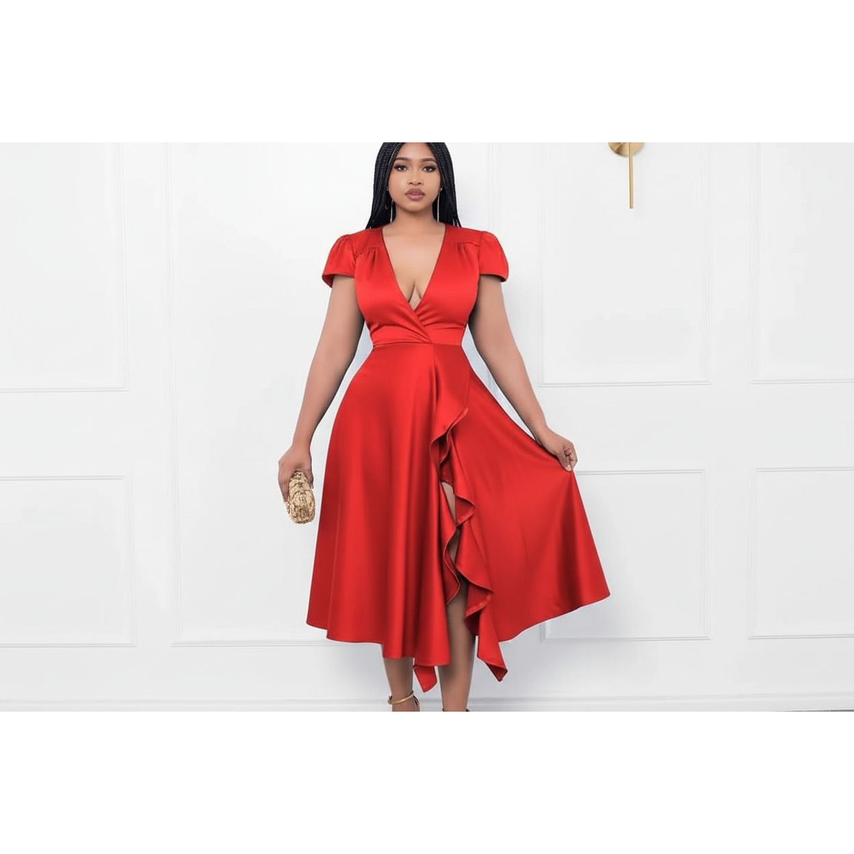 Satin Deep V-Neck Ruffle Dress