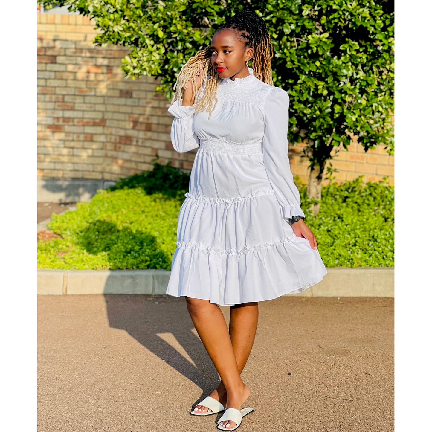 Pleated Long Sleeve Stand Collar Dress