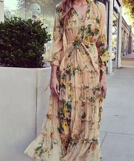 V-Neck Chiffon Floral Dress