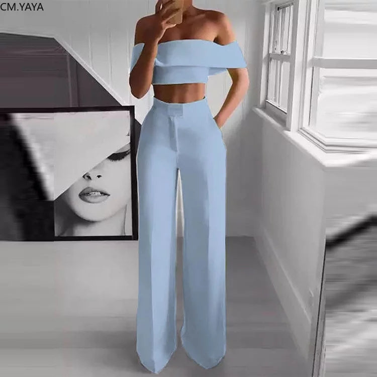 Off Shoulder Crop Top and High Waisted Pants Set