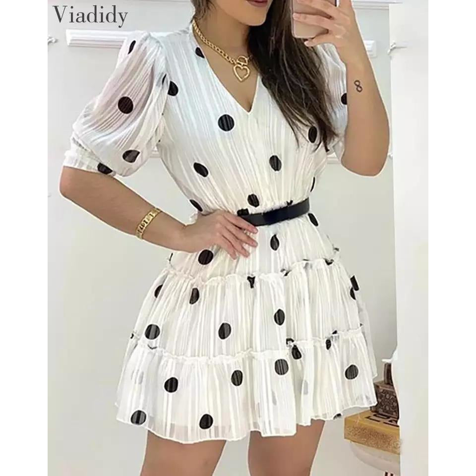 V-Neck Polka Dots Mesh Dress