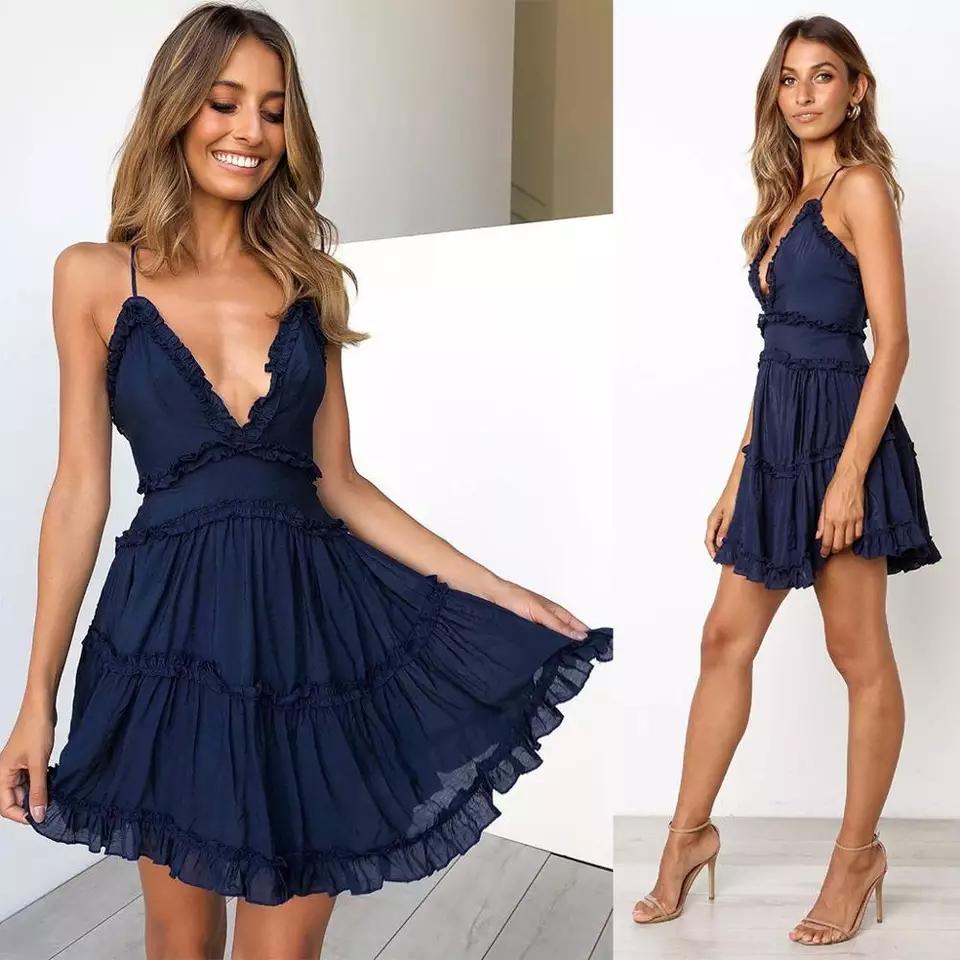 Sexy V-Neck Backless Short Mini Dress 