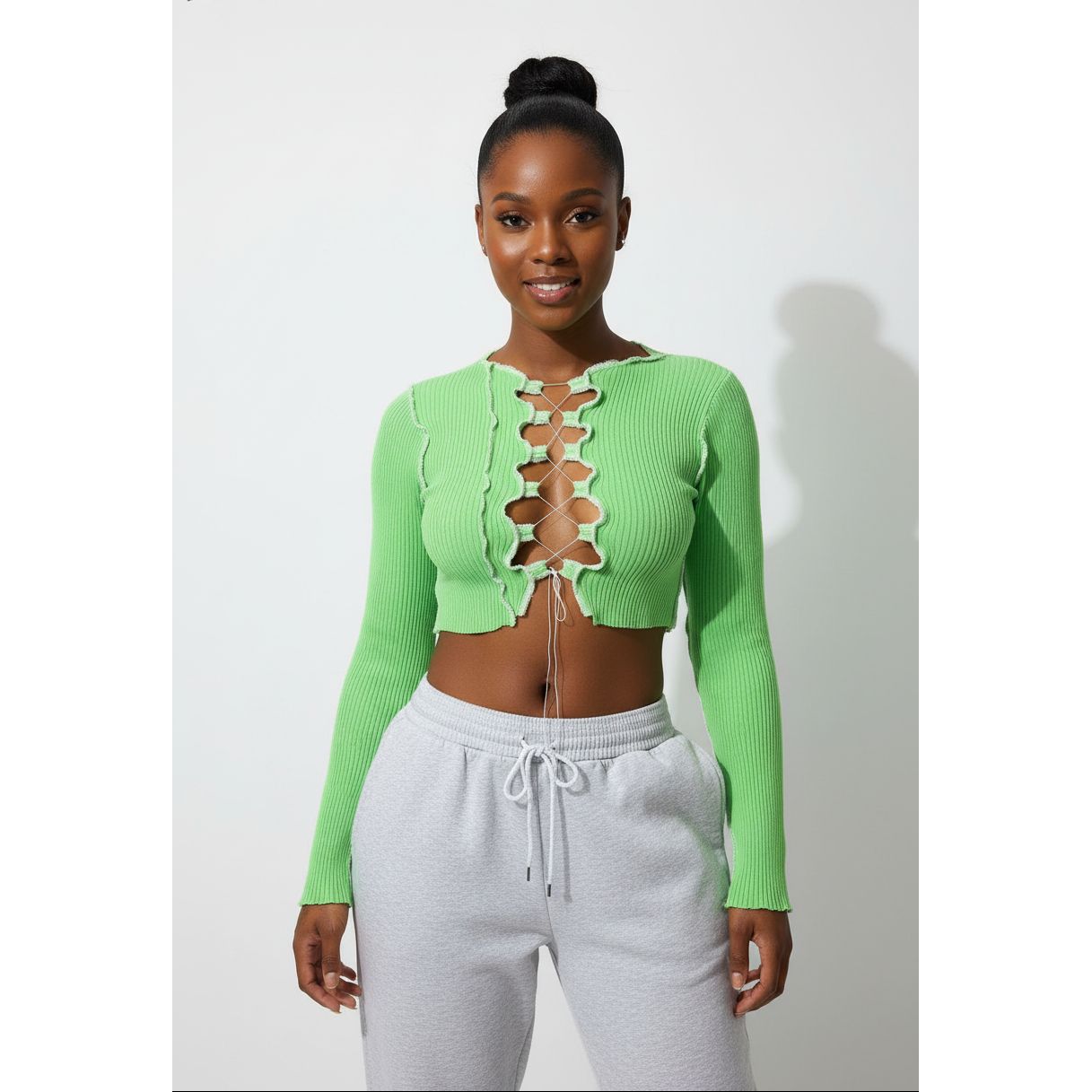 Lace Up Long Sleeve Crop Top