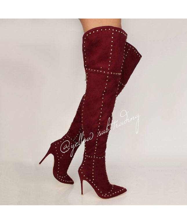 Thigh High Rivets Studded Boots - YELLOW SUB TRADING 