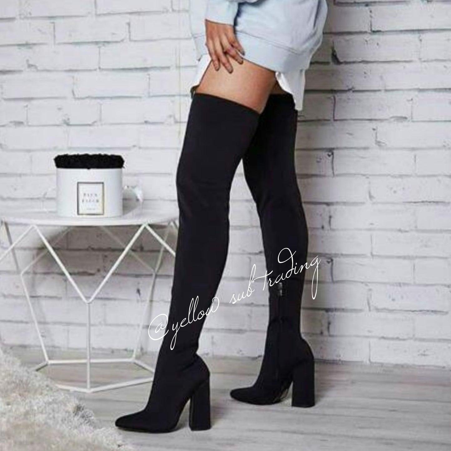 suede Chunky Heel Thigh High Sock Boots - YELLOW SUB TRADING 