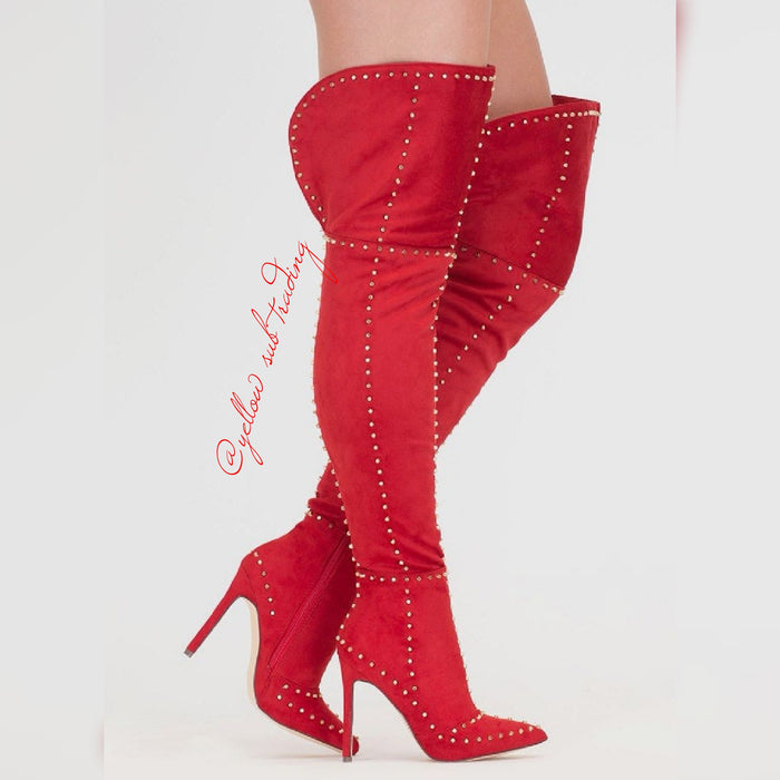 Thigh High Rivets Studded Boots - YELLOW SUB TRADING 
