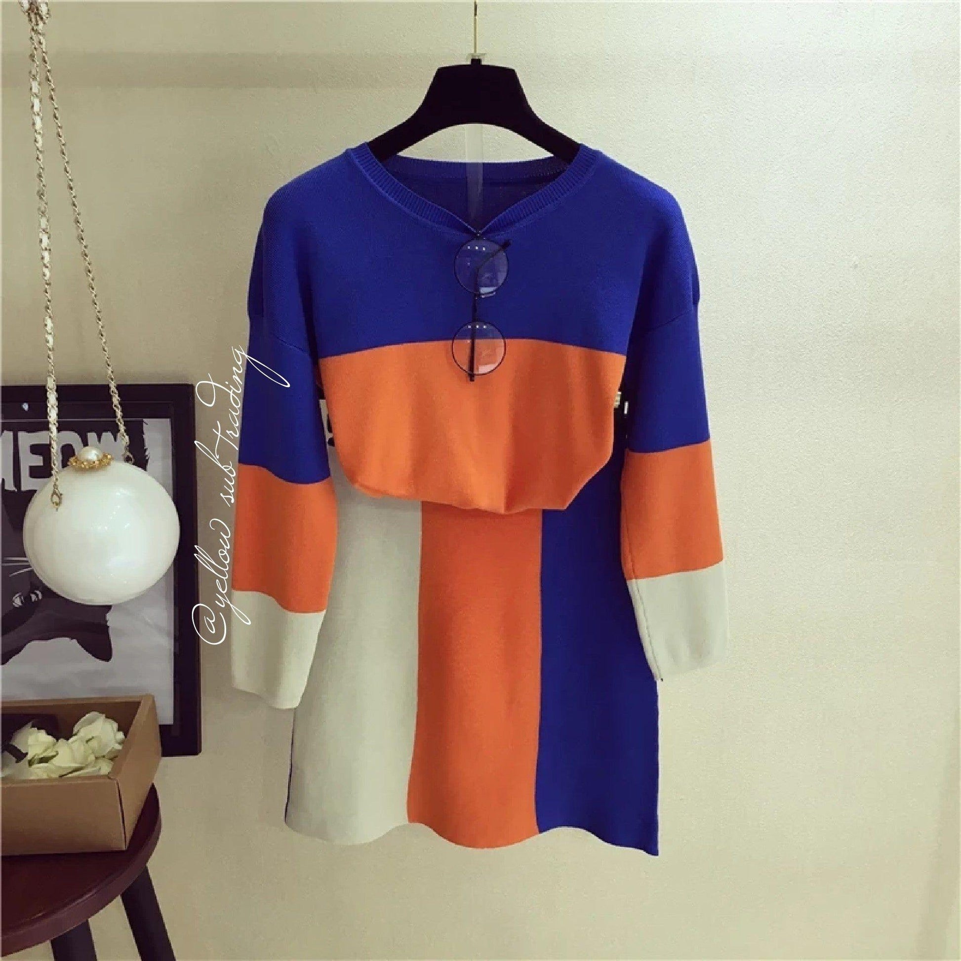 Colour Block Knit Sweater Set - YELLOW SUB TRADING 