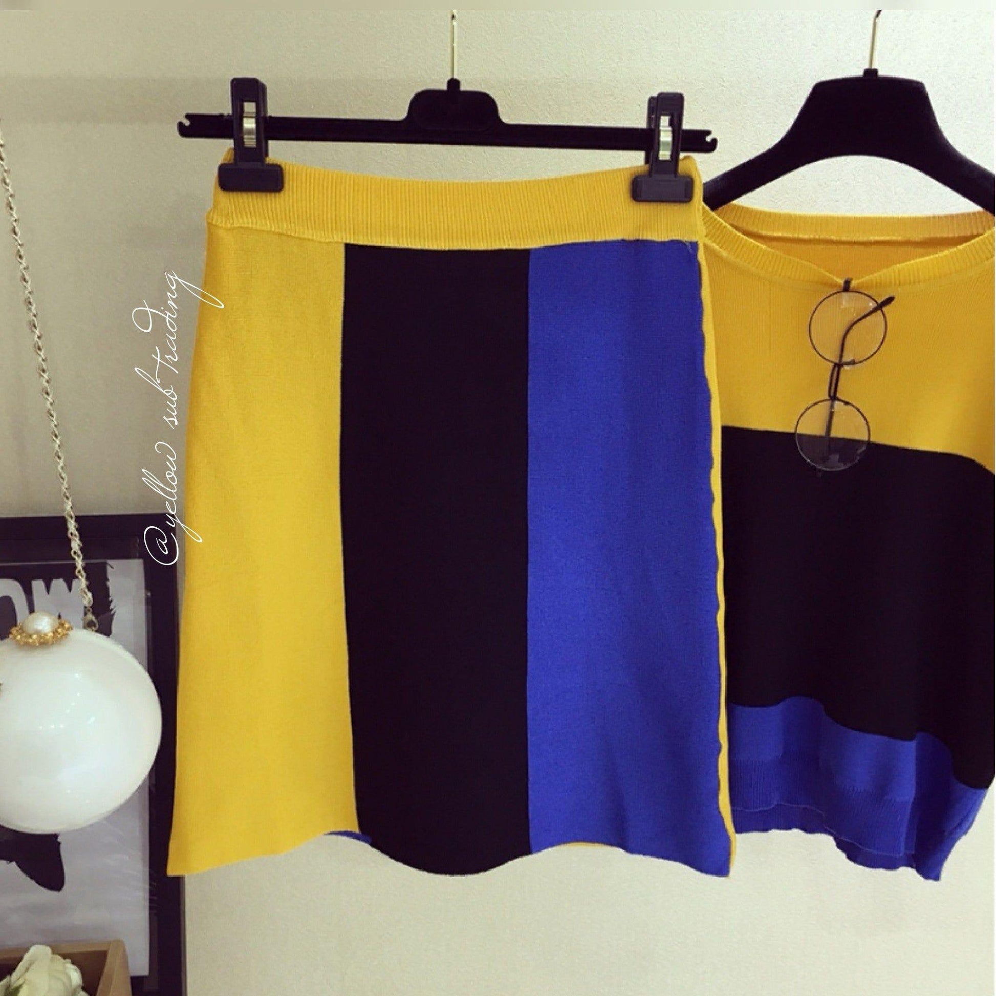Colour Block Knit Sweater Set - YELLOW SUB TRADING 