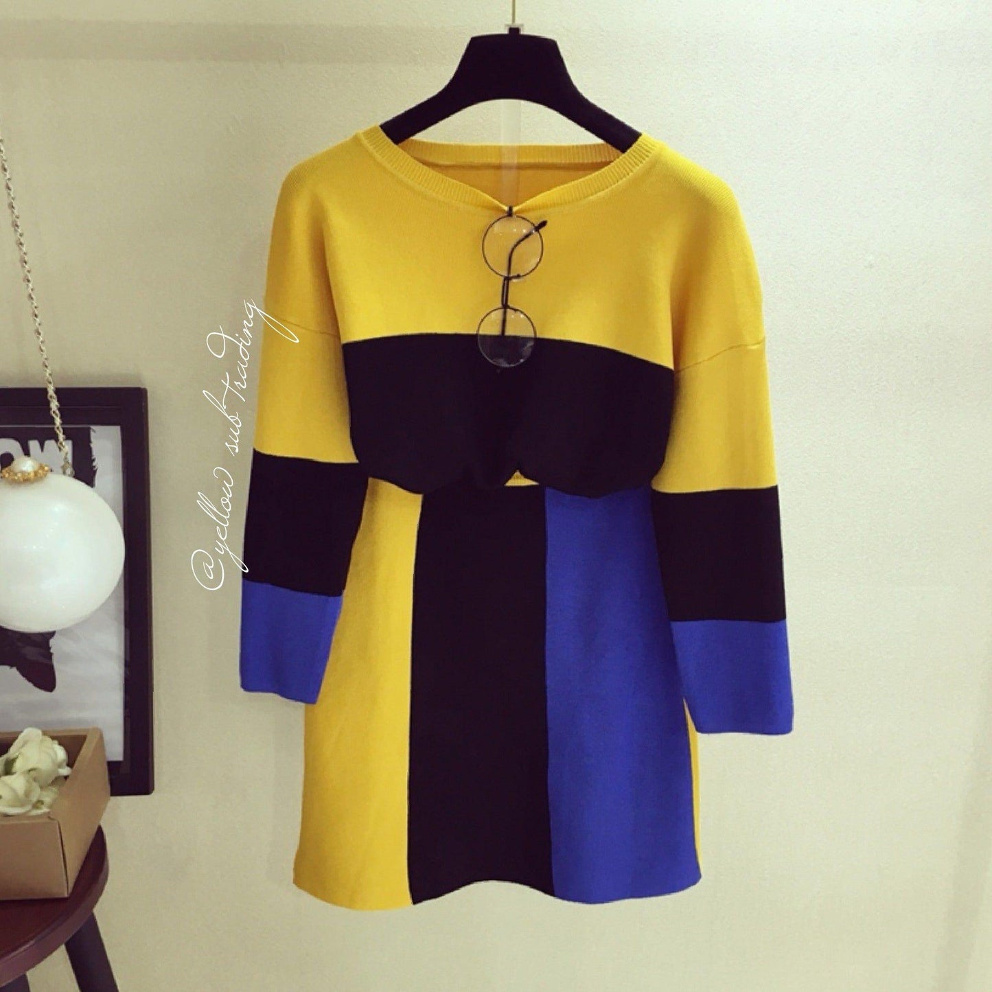 Colour Block Knit Sweater Set - YELLOW SUB TRADING 