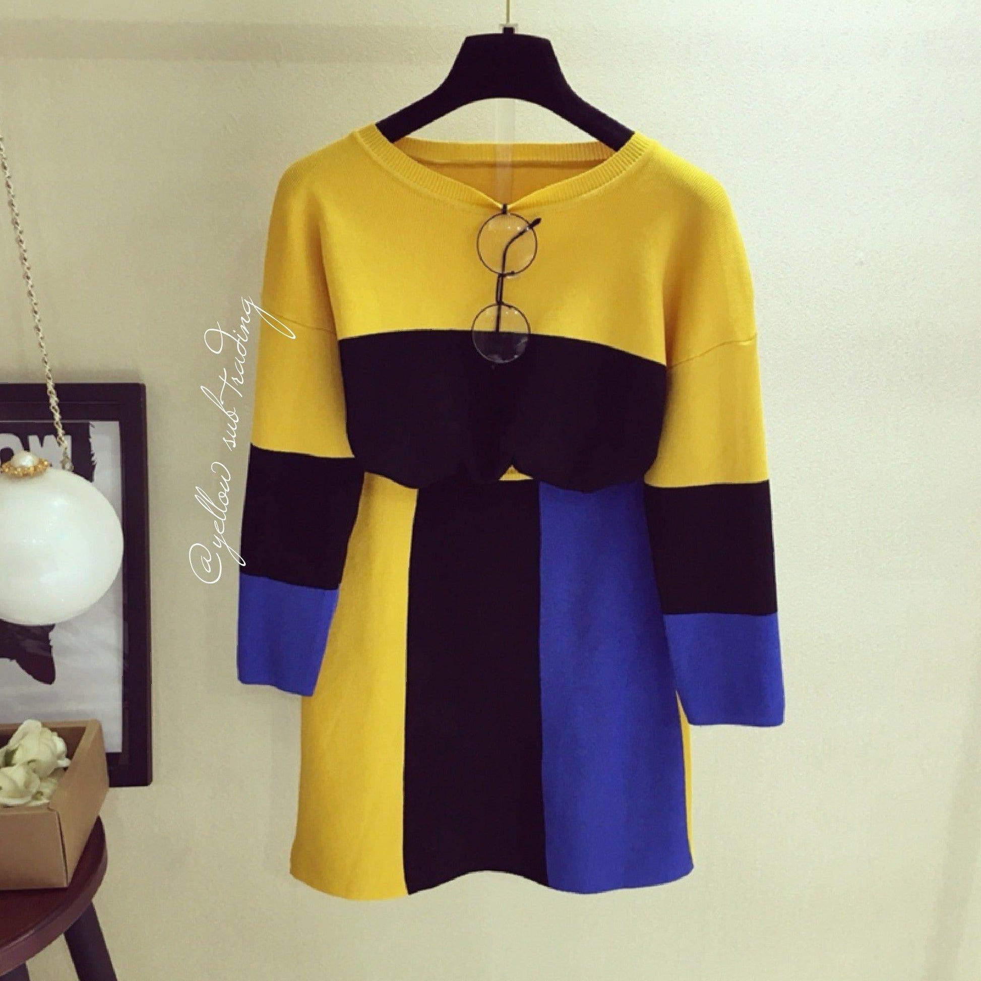 Colour Block Knit Sweater Set - YELLOW SUB TRADING 