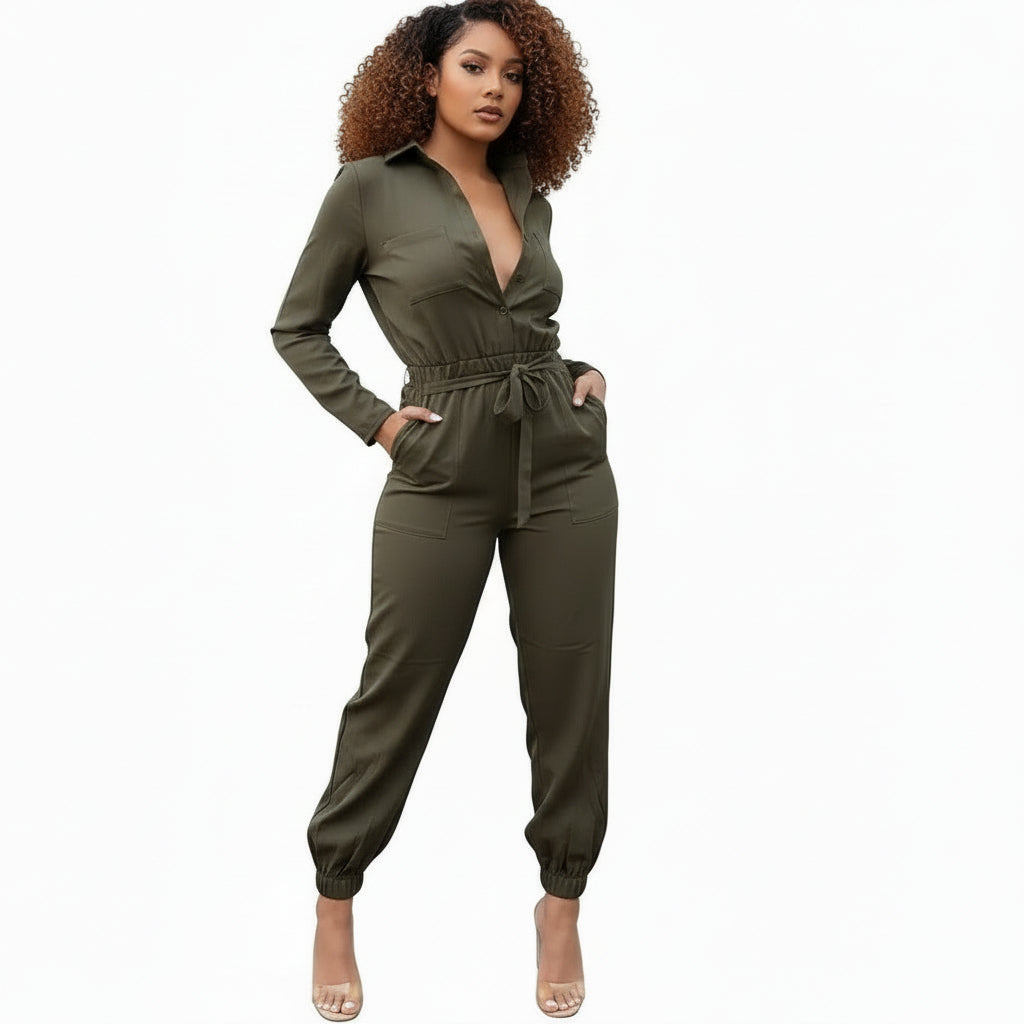 Turn-Down Collar Buttons Jumpsuits. - YELLOW SUB TRADING 