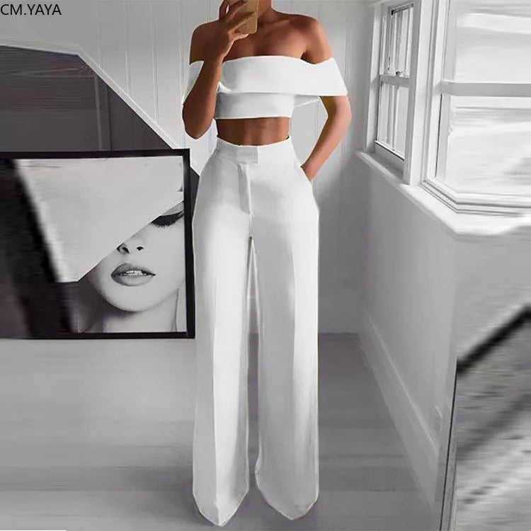Off Shoulder Crop Top and High Waisted Pants Set