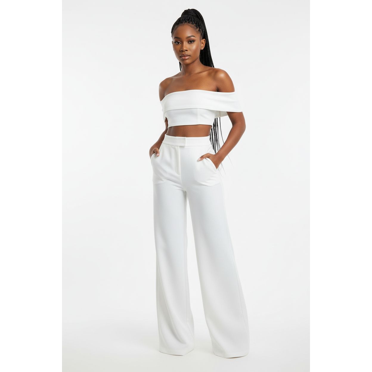 Off Shoulder Crop Top and High Waisted Pants Set
