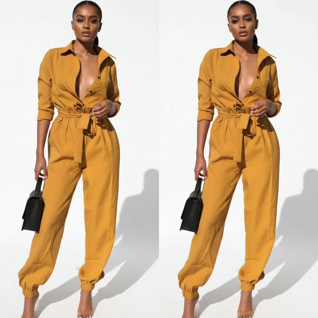 Turn-Down Collar Buttons Jumpsuits. - YELLOW SUB TRADING 