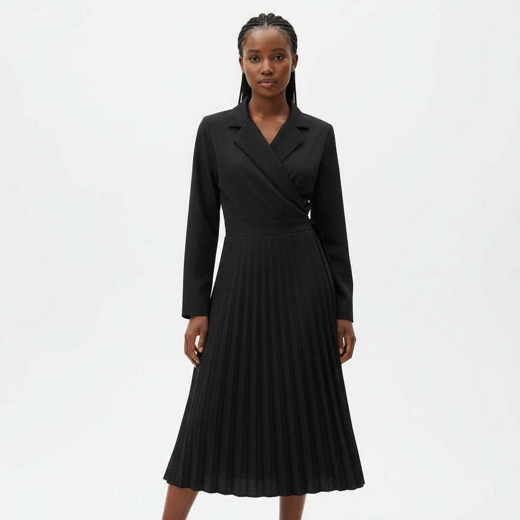 Deep V-Neck Pleated Dress - YELLOW SUB TRADING 