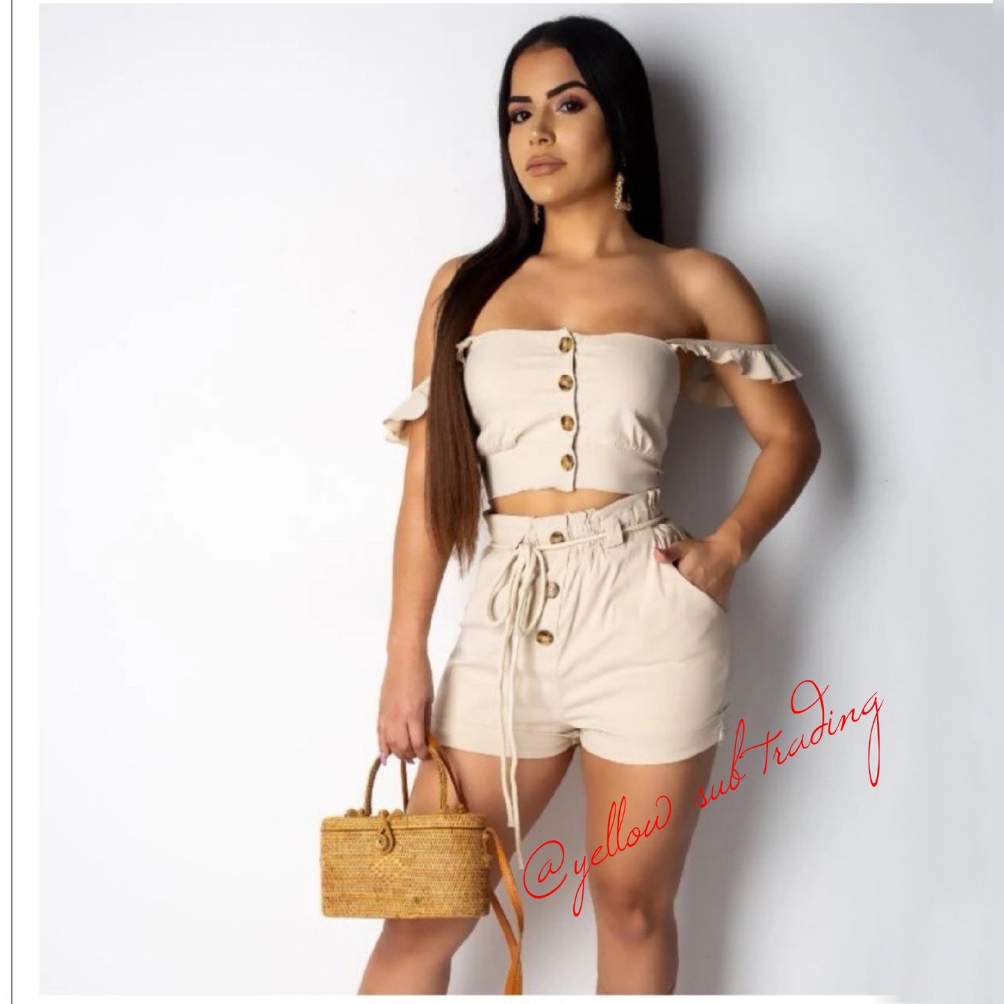 Off Shoulder Crop Top & Shorts Set - YELLOW SUB TRADING 