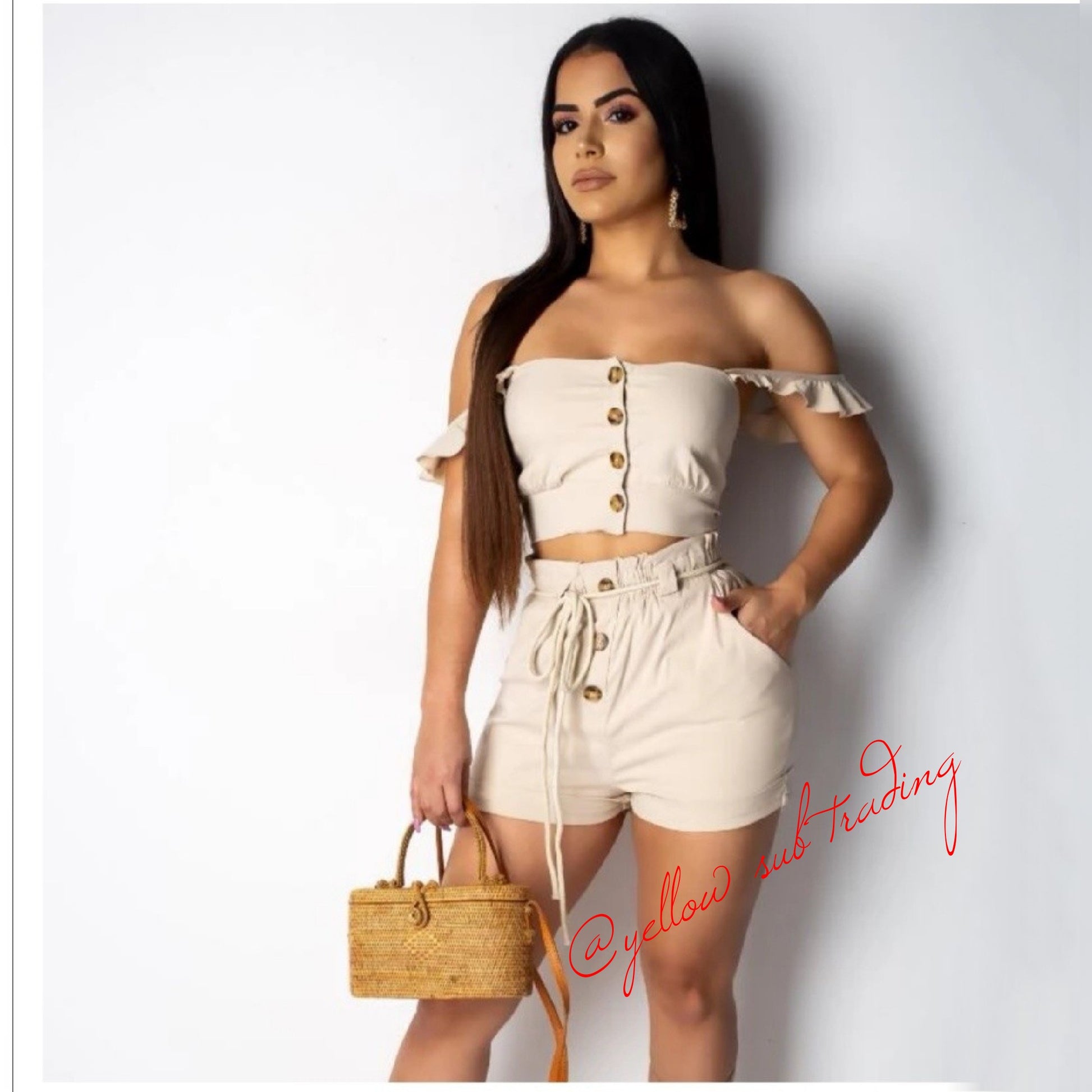 Off Shoulder Crop Top & Shorts Set - YELLOW SUB TRADING 