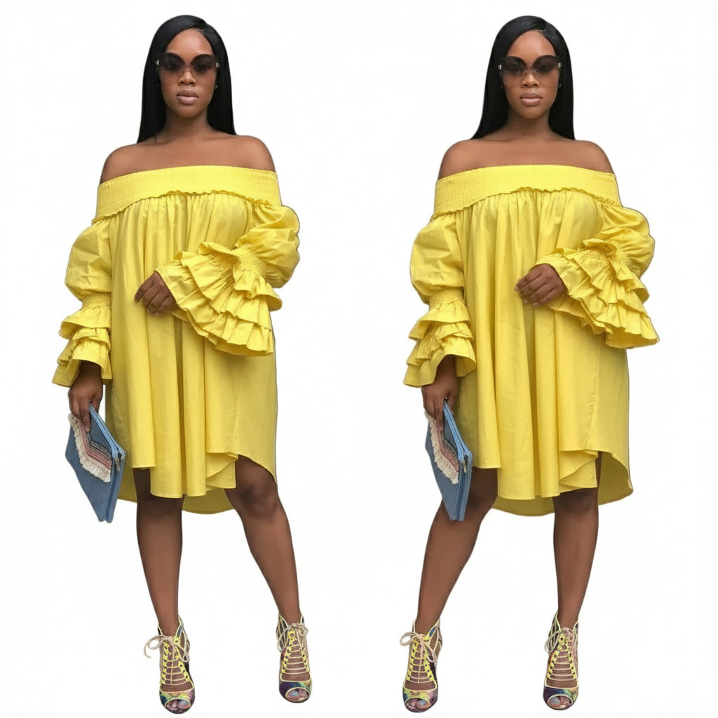 Long Sleeve Asymmetric Hem Dress - YELLOW SUB TRADING 