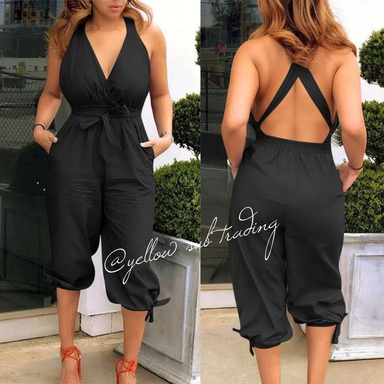 V Neck Backless Jumpsuits - YELLOW SUB TRADING 
