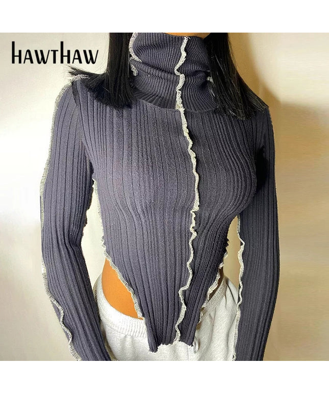 Long Sleeve Turtleneck Knitted Patchwork Tops