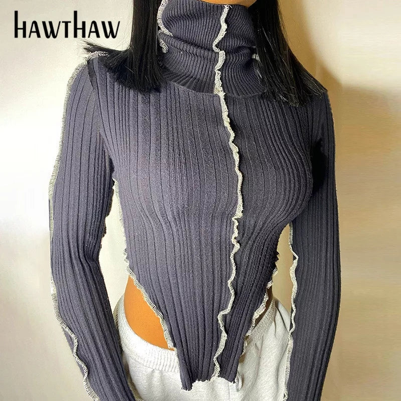 Long Sleeve Turtleneck Knitted Patchwork Tops